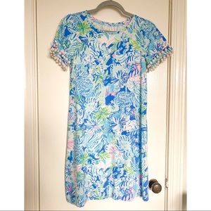 Lion Around T-shirt dress with double tier pom pom sleeve